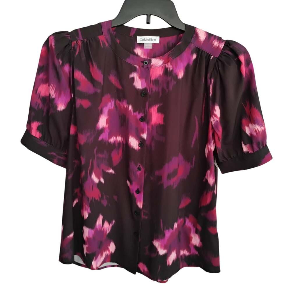 Calvin Klein NEW Black/Deep Magenta Moody Abstract Floral Button-Up Blouse Small